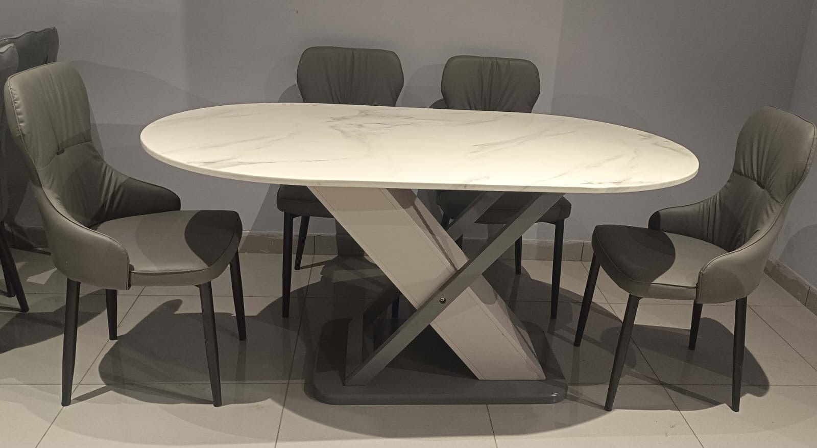 Oval White Italian Marble Dining Table with Modern Wooden Base Premium  Chairs