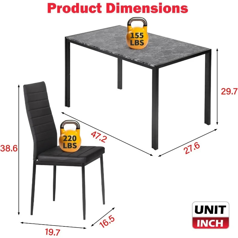 Dining Table and Chairs Set, Modern Rectangular Marble Table top with 4 Chairs PU Leather for Dining Room and Kitchen,  Marble