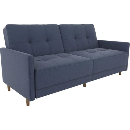 Andora Coil Futon Sofa Bed Couch with Mid Century Modern Design - Navy Blue Linen