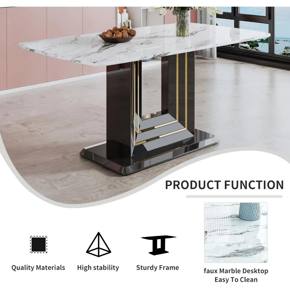 marble dining table, marble countertop and gold line MDF restaurant and living room black base, white marble dining table