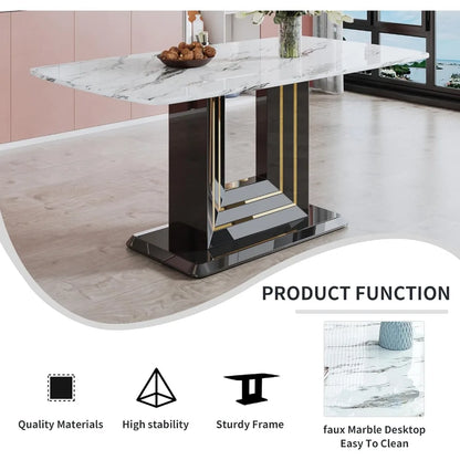 marble dining table, marble countertop and gold line MDF restaurant and living room black base, white marble dining table