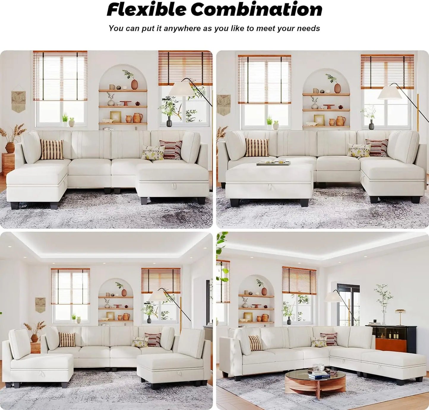 L Shaped Sofa Velvet Reversible Sectional Sofa with Storage Ottoman Convertible Cream L-Shaped Sofa Set