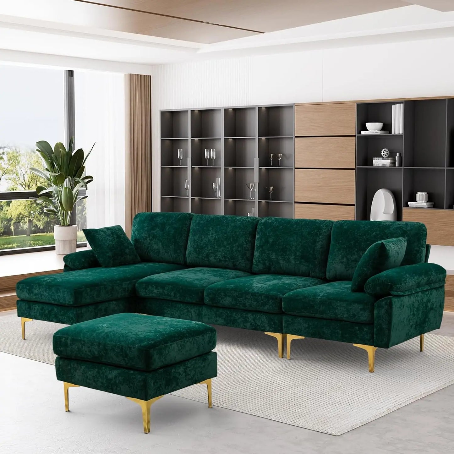 U-Shaped Sectional Sofa Couch, 4 Seat Sofa Set for Living Room, Convertible L-Shaped Velvet Couch Set