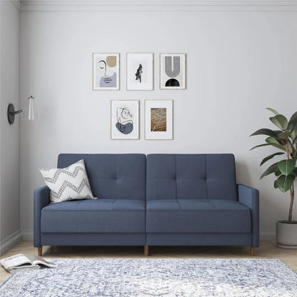 Andora Coil Futon Sofa Bed Couch with Mid Century Modern Design - Navy Blue Linen