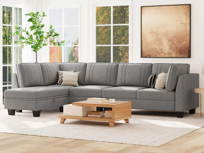 L Shaped Sofa Velvet Reversible Sectional Sofa with Storage Ottoman Convertible Cream L-Shaped Sofa Set