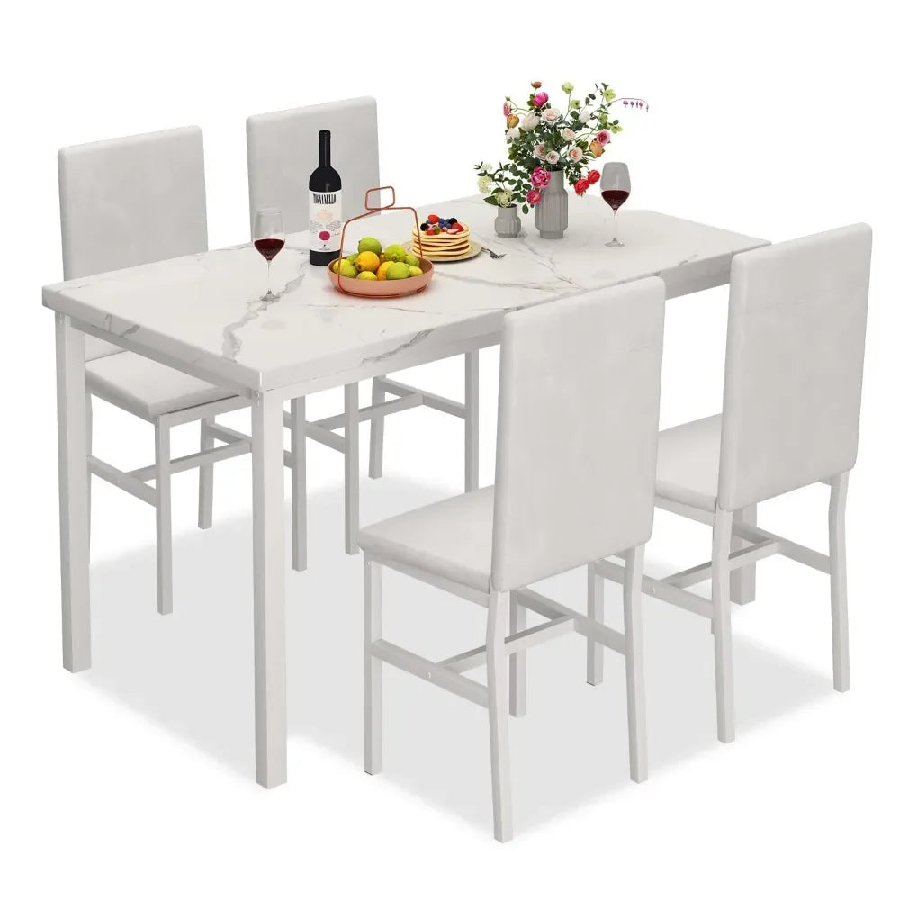 New Dining Table Set for 4 with 4 PU Leather Chairs,5-Piece Marble DiningTable Set with 4 Velvet Metal Frame Chairs for Kitchen