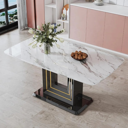 marble dining table, marble countertop and gold line MDF restaurant and living room black base, white marble dining table