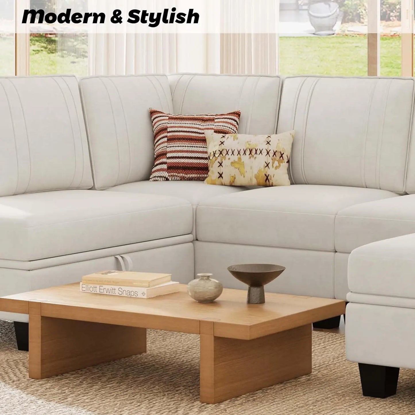 L Shaped Sofa Velvet Reversible Sectional Sofa with Storage Ottoman Convertible Cream L-Shaped Sofa Set