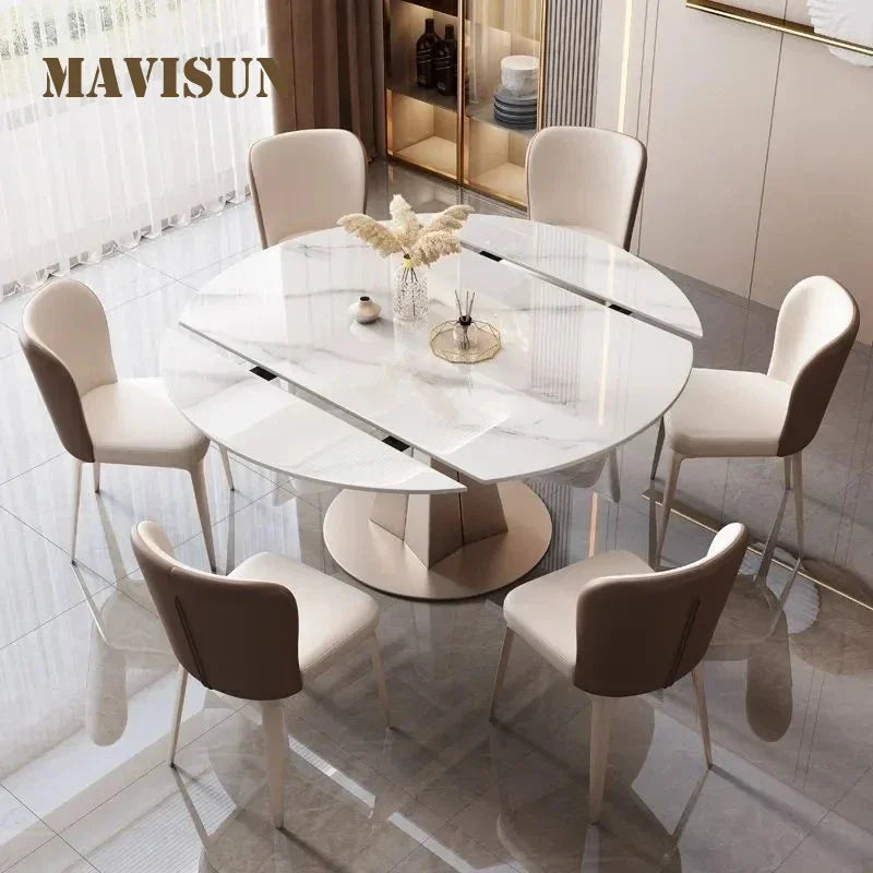 Extendable 6 Seater Dining Table For High-end Restaurant Custom Home Furniture Marble Stone Round Kitchen Table With Turntable