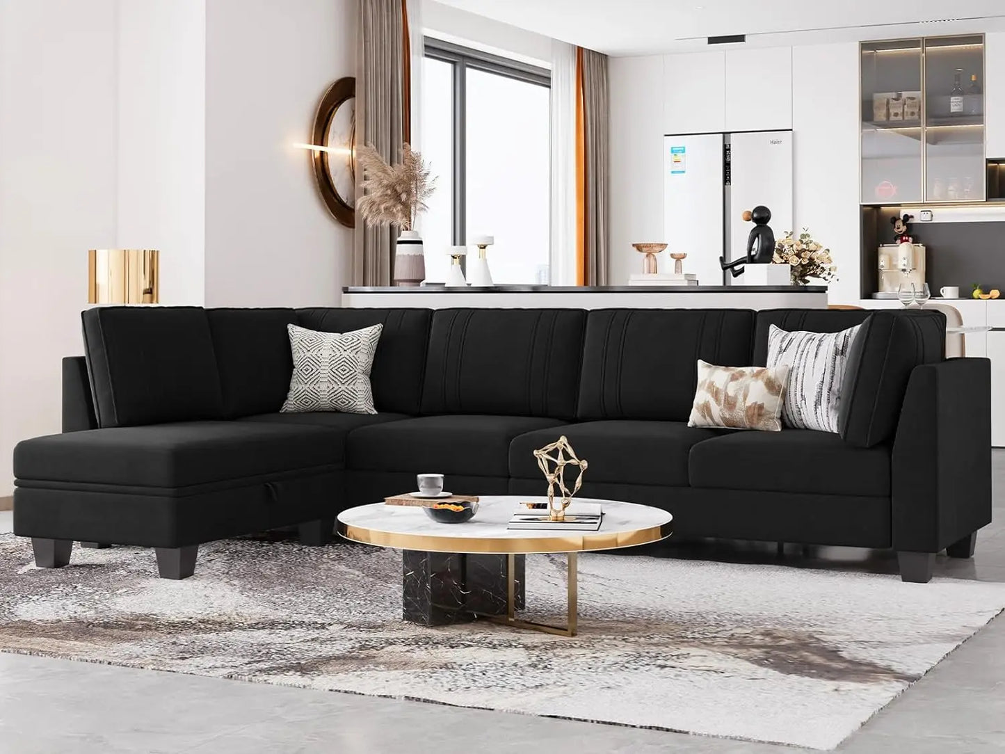 L Shaped Sofa Velvet Reversible Sectional Sofa with Storage Ottoman Convertible Cream L-Shaped Sofa Set