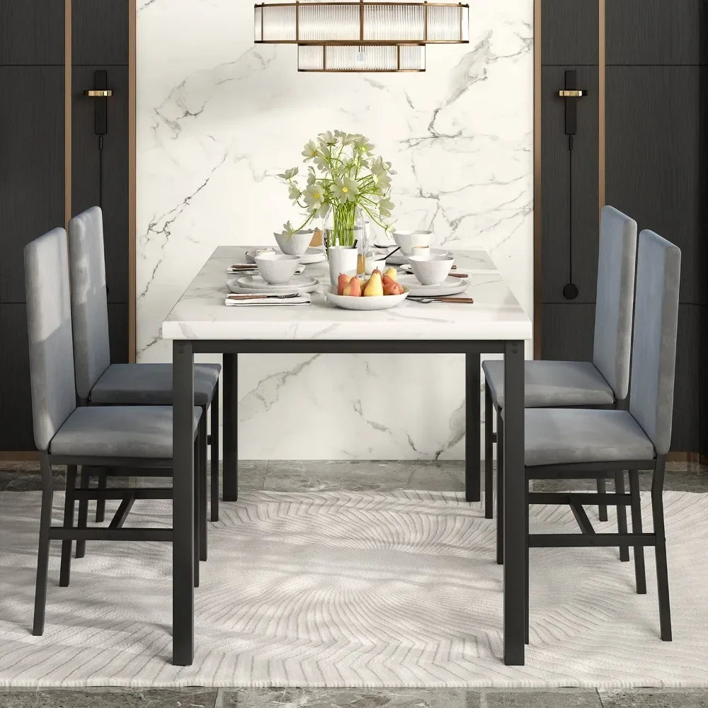 New Dining Table Set for 4 with 4 PU Leather Chairs,5-Piece Marble DiningTable Set with 4 Velvet Metal Frame Chairs for Kitchen