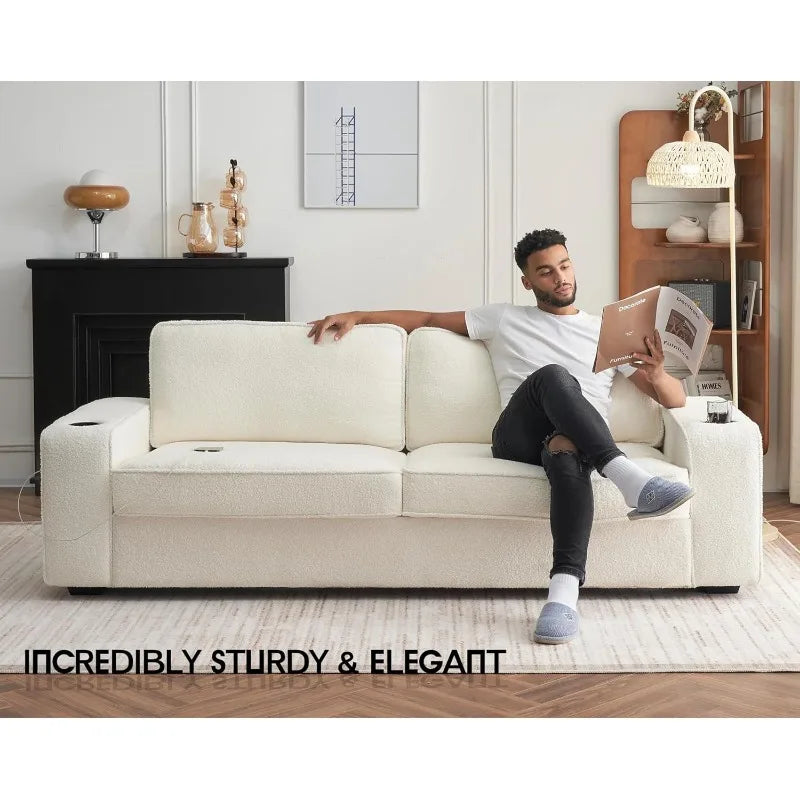 Modern Sofa, 89in Comfy Couch with Cup Holders & USB Charging Ports, Seat Sofa Couch for Living Room