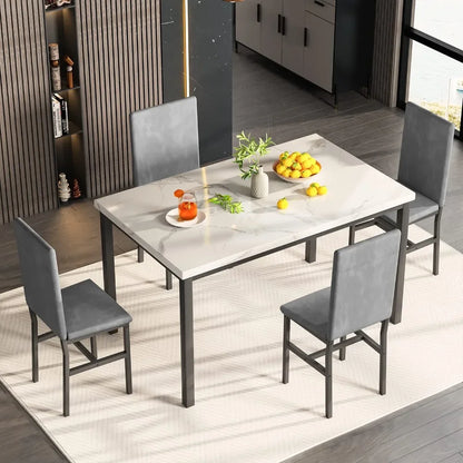 New Dining Table Set for 4 with 4 PU Leather Chairs,5-Piece Marble DiningTable Set with 4 Velvet Metal Frame Chairs for Kitchen