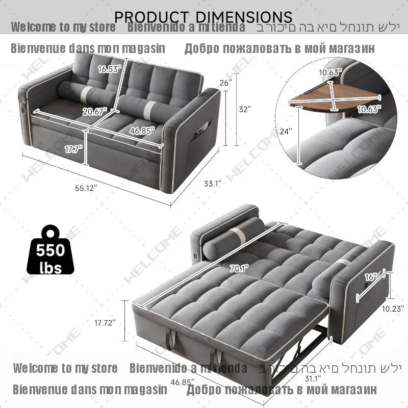 3 in 1 Sleeper Sofa Bed - Convertible Love Seat Couch with Side Table, Tufted Futon Sofa w/Pullout Bed, Adjustable Backrest