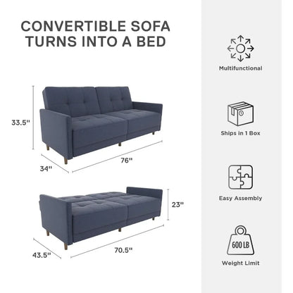 Andora Coil Futon Sofa Bed Couch with Mid Century Modern Design - Navy Blue Linen