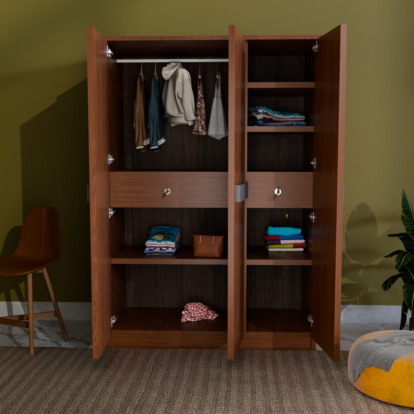 Chiron 3 Door Wooden Almirah – Stylish Triple Door Storage for Modern Homes