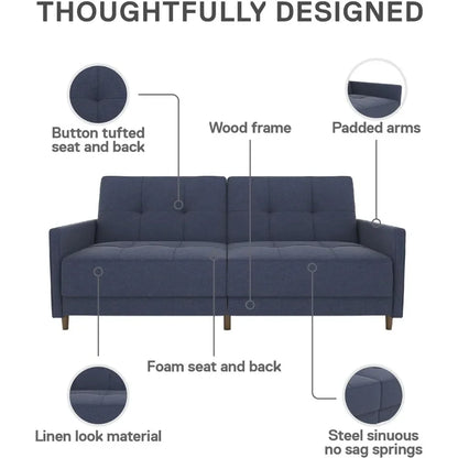 Andora Coil Futon Sofa Bed Couch with Mid Century Modern Design - Navy Blue Linen