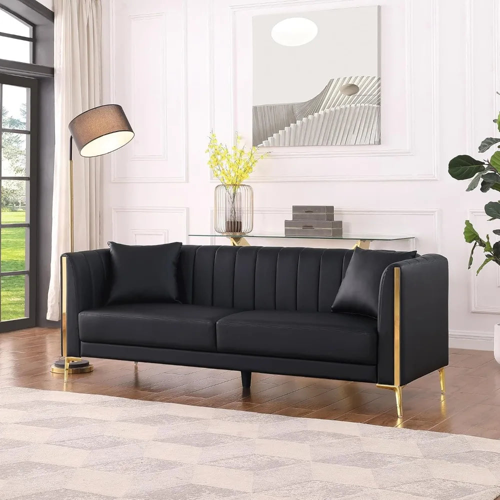 78'' Sofa, Black Sofas Couches for Living Room, Comfy Sofa Faux Leather Sofa 3 Seater Sofa with 2 Throw Pillows