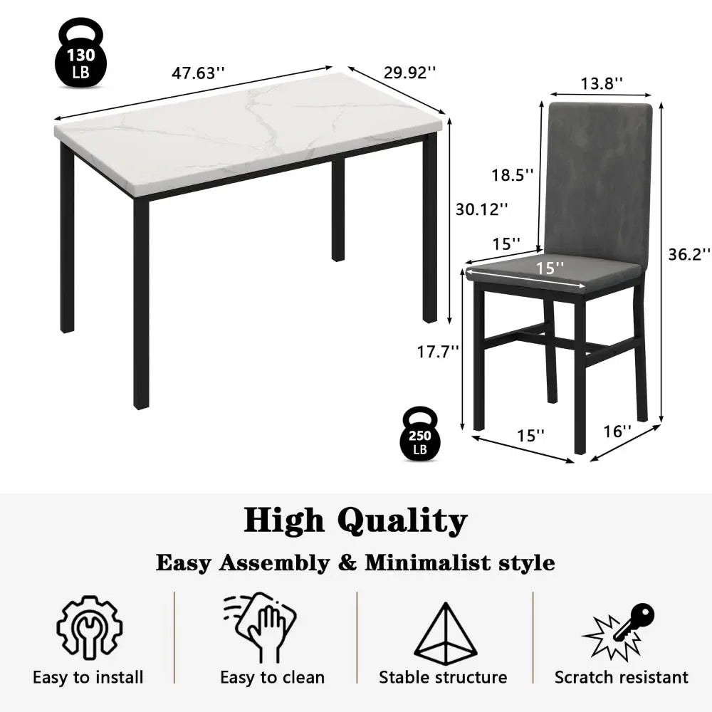 New Dining Table Set for 4 with 4 PU Leather Chairs,5-Piece Marble DiningTable Set with 4 Velvet Metal Frame Chairs for Kitchen