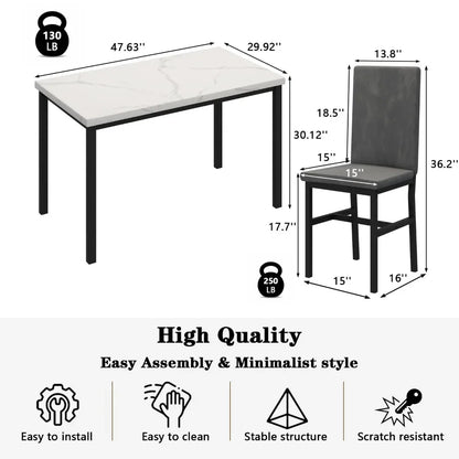 New Dining Table Set for 4 with 4 PU Leather Chairs,5-Piece Marble DiningTable Set with 4 Velvet Metal Frame Chairs for Kitchen