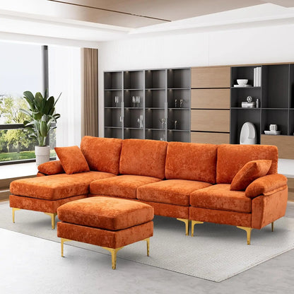 U-Shaped Sectional Sofa Couch, 4 Seat Sofa Set for Living Room, Convertible L-Shaped Velvet Couch Set