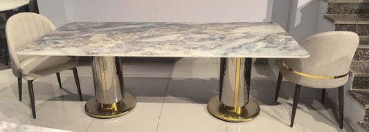 Aurelia Gold Vein Marble Dining Table with Modern Frame & Golden Stripe Chairs