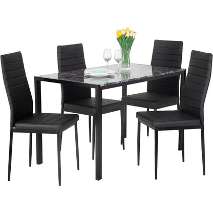 Dining Table and Chairs Set, Modern Rectangular Marble Table top with 4 Chairs PU Leather for Dining Room and Kitchen,  Marble