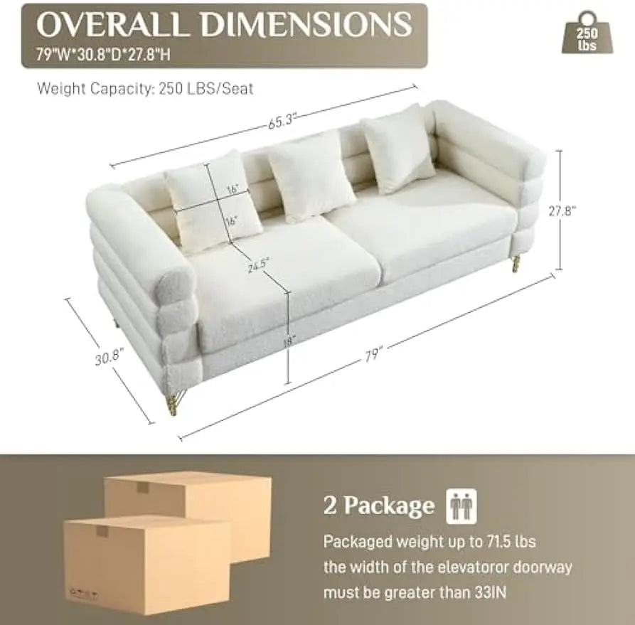 Cloud Sofa Couch for Living Room, 79" Comfy Deep Seat Boucle Sherpa Sofa with 3 Pillows and Gold Legs