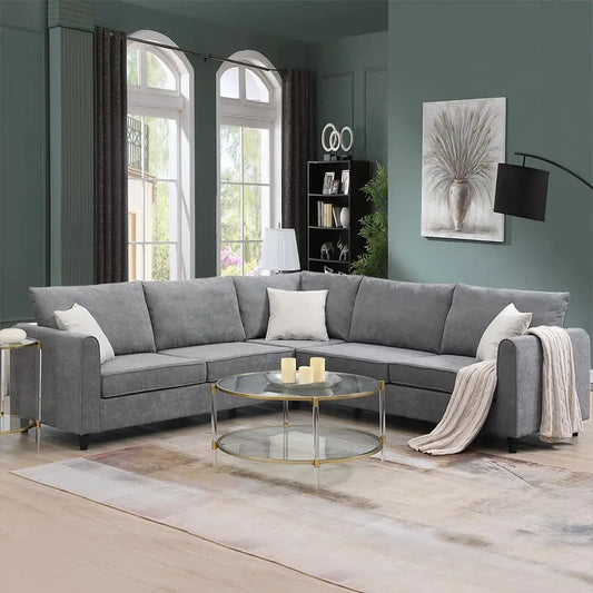 L Shape Couch Set with 3 Pillows,5 Seats Corner Sofa Set,Upholstered Sectional Sofa for Indoor Furniture Set-Grey