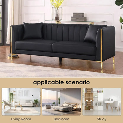 78'' Sofa, Black Sofas Couches for Living Room, Comfy Sofa Faux Leather Sofa 3 Seater Sofa with 2 Throw Pillows