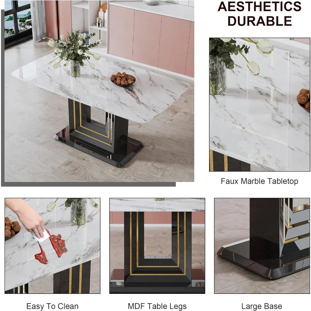 marble dining table, marble countertop and gold line MDF restaurant and living room black base, white marble dining table