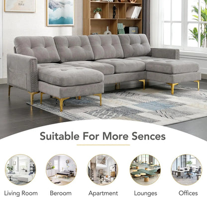 Velvet Modern Large Sectional Sofa, U Shape Upholstered Couch with Chaise, Convertible Sofa Couch with Movable Ottoman