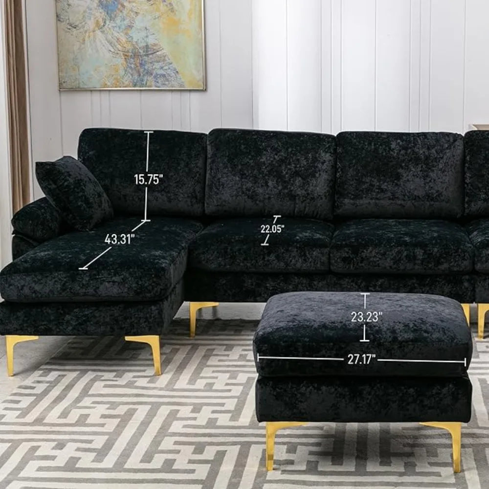 U-Shaped Sectional Sofa Couch, 4 Seat Sofa Set for Living Room, Convertible L-Shaped Velvet Couch Set