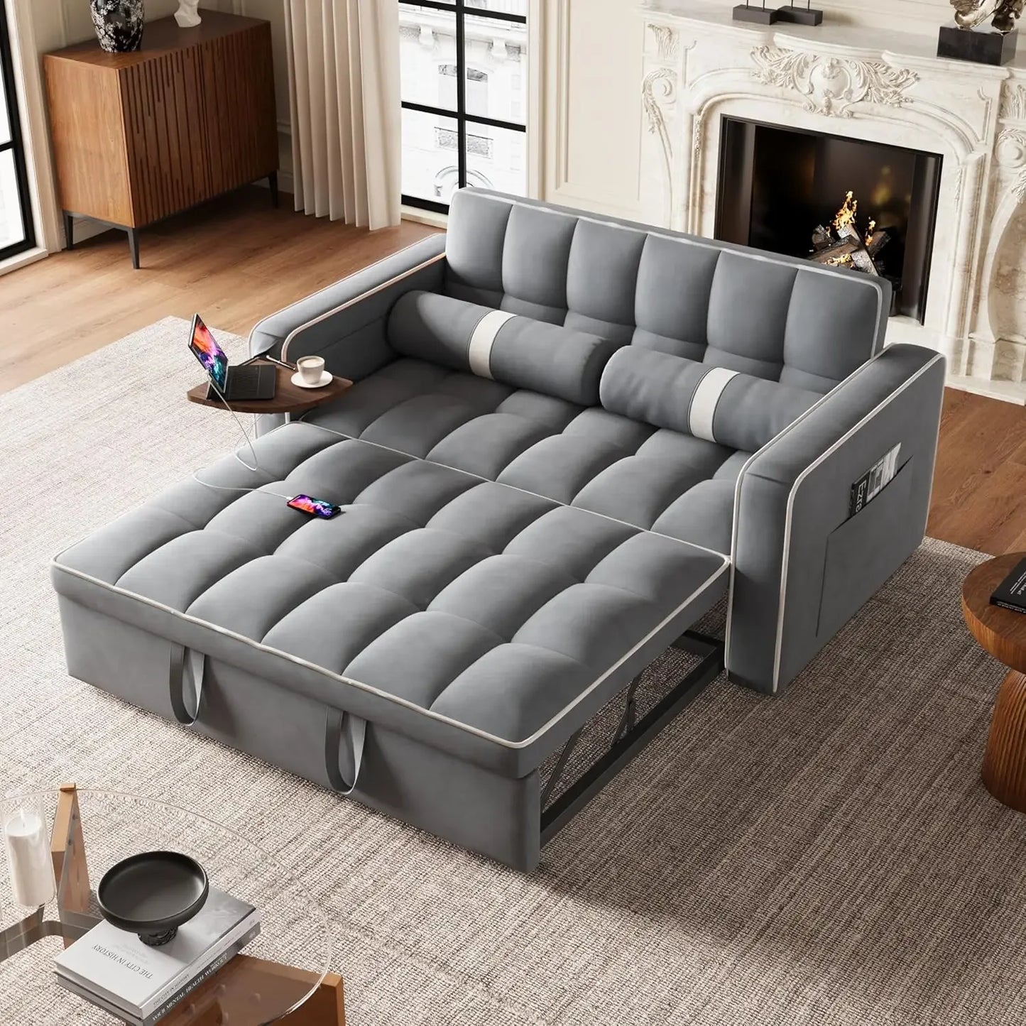 3 in 1 Sleeper Sofa Bed - Convertible Love Seat Couch with Side Table, Tufted Futon Sofa w/Pullout Bed, Adjustable Backrest