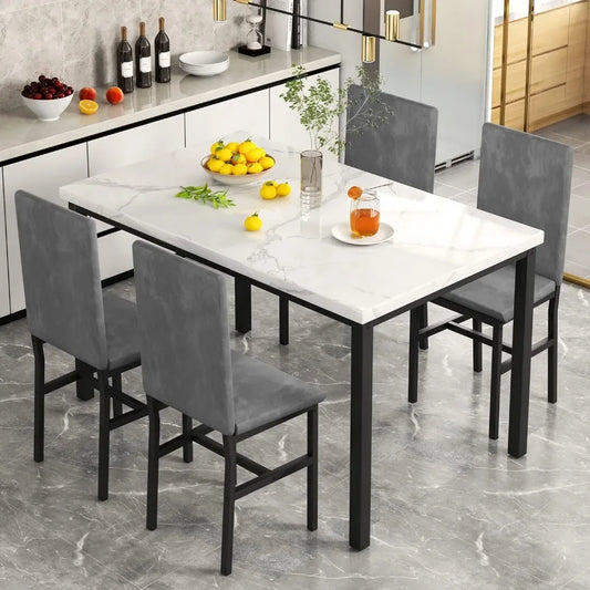 New Dining Table Set for 4 with 4 PU Leather Chairs,5-Piece Marble DiningTable Set with 4 Velvet Metal Frame Chairs for Kitchen