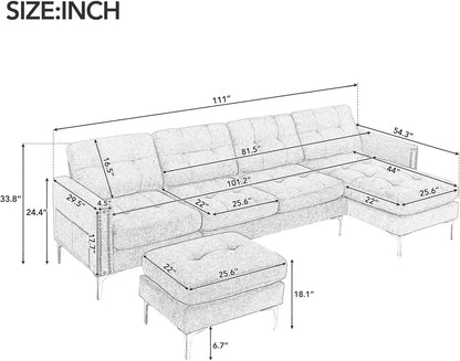 Velvet Modern Large Sectional Sofa, U Shape Upholstered Couch with Chaise, Convertible Sofa Couch with Movable Ottoman