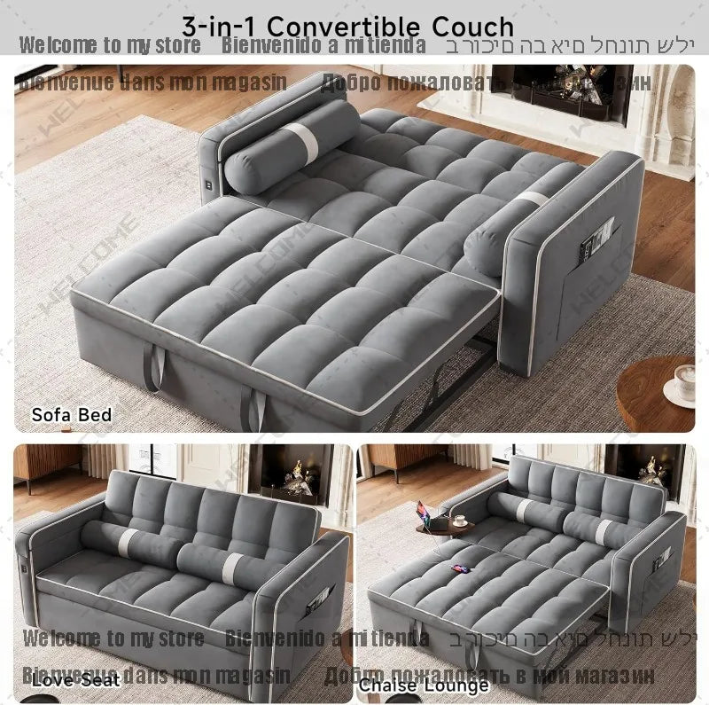 3 in 1 Sleeper Sofa Bed - Convertible Love Seat Couch with Side Table, Tufted Futon Sofa w/Pullout Bed, Adjustable Backrest