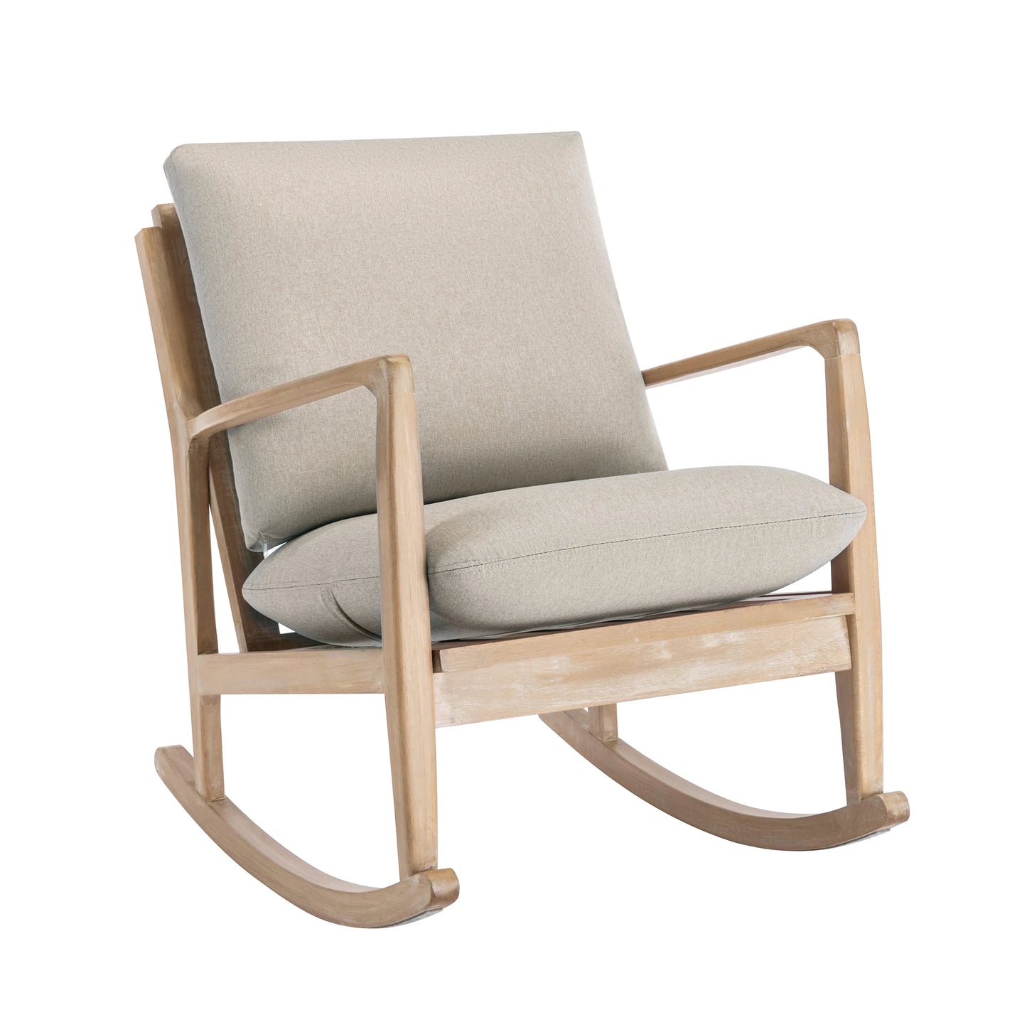 Solid Wood Rocking Chair Linen Fabric Upholstered Comfy Accent Chair for Porch Garden Patio Balcony Living Room & Bedroom Beige