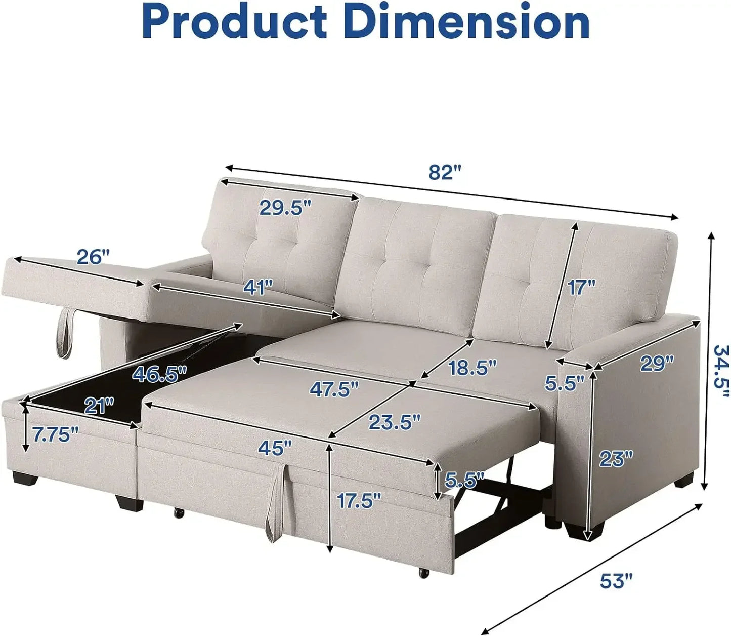 L Shaped Chaise Couch with Storage and Pull Out Bed Multifunctional Comfy Sectional Sleeper Sofa, Beige