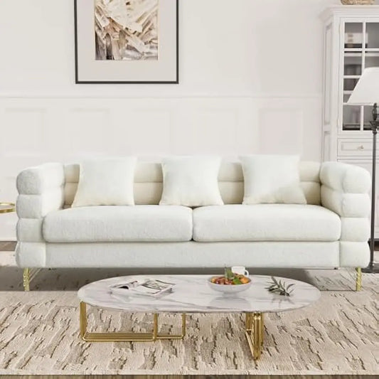 Cloud Sofa Couch for Living Room, 79" Comfy Deep Seat Boucle Sherpa Sofa with 3 Pillows and Gold Legs