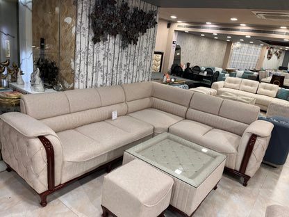 China Gate Sofa Set – Luxury L-Shaped Sofa with puffy & Glass Table