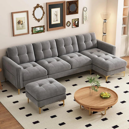 Velvet Modern Large Sectional Sofa, U Shape Upholstered Couch with Chaise, Convertible Sofa Couch with Movable Ottoman