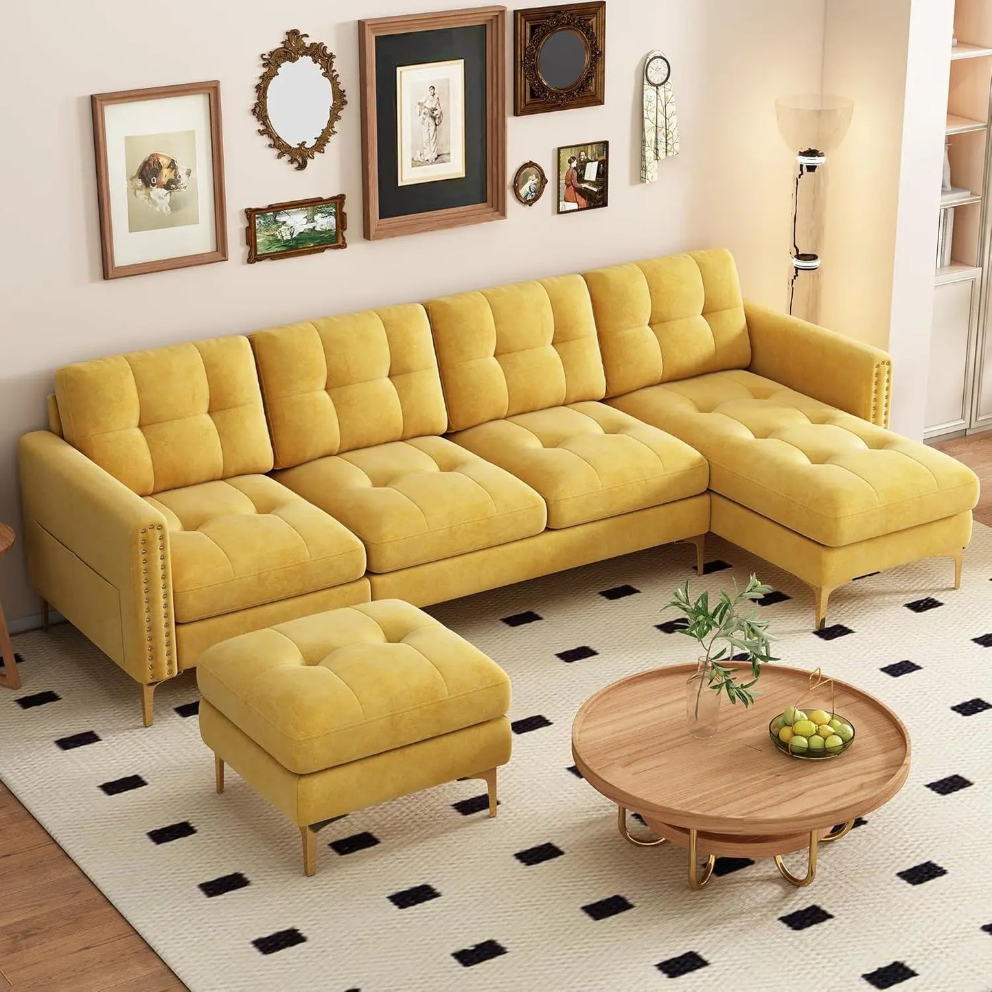 Velvet Modern Large Sectional Sofa, U Shape Upholstered Couch with Chaise, Convertible Sofa Couch with Movable Ottoman