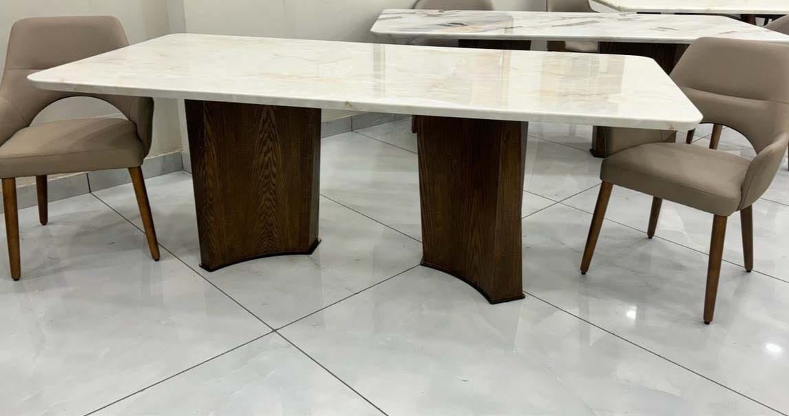 "Large White Marble Dining Table with Sturdy Wooden Base – New Design by Ardas Interiors"