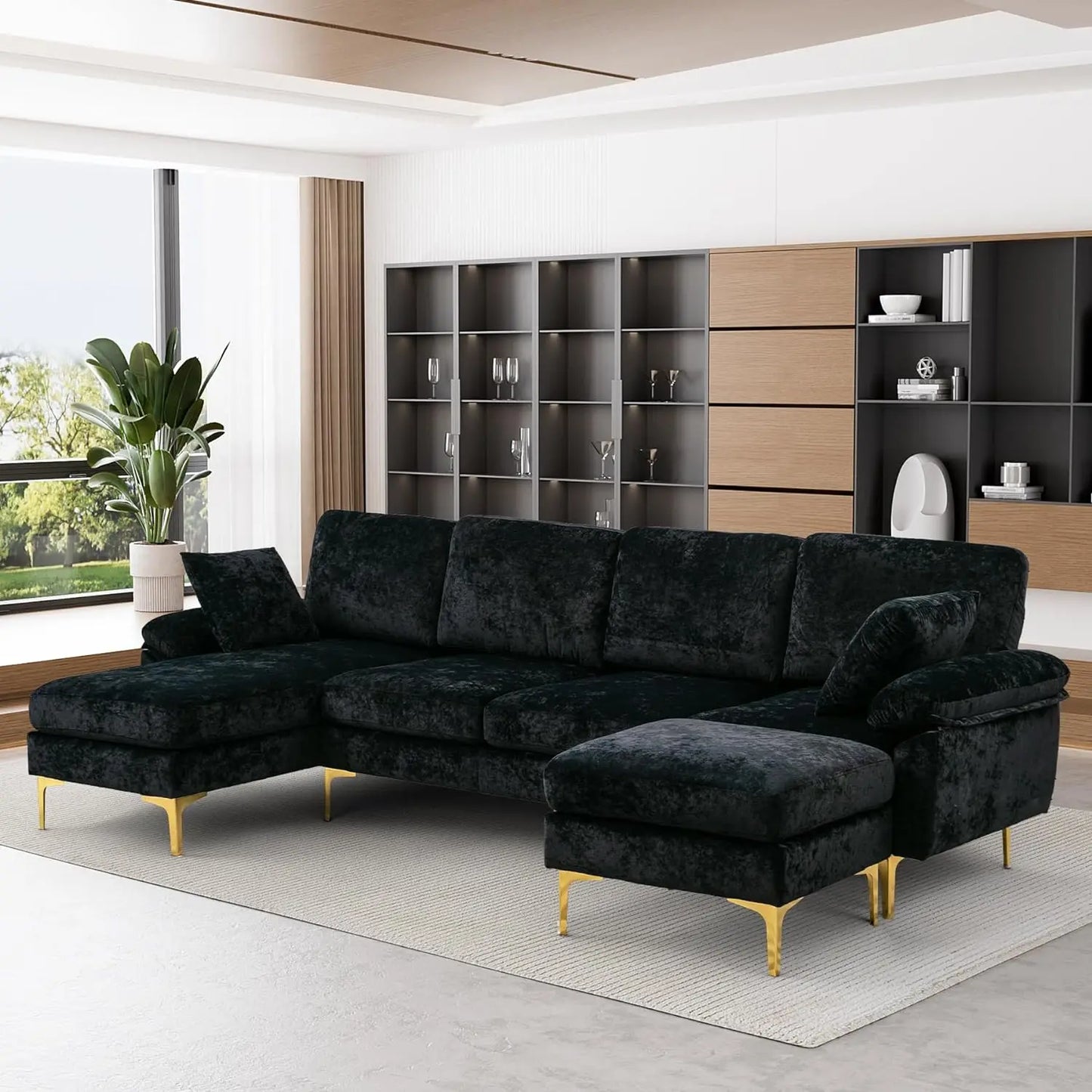 U-Shaped Sectional Sofa Couch, 4 Seat Sofa Set for Living Room, Convertible L-Shaped Velvet Couch Set