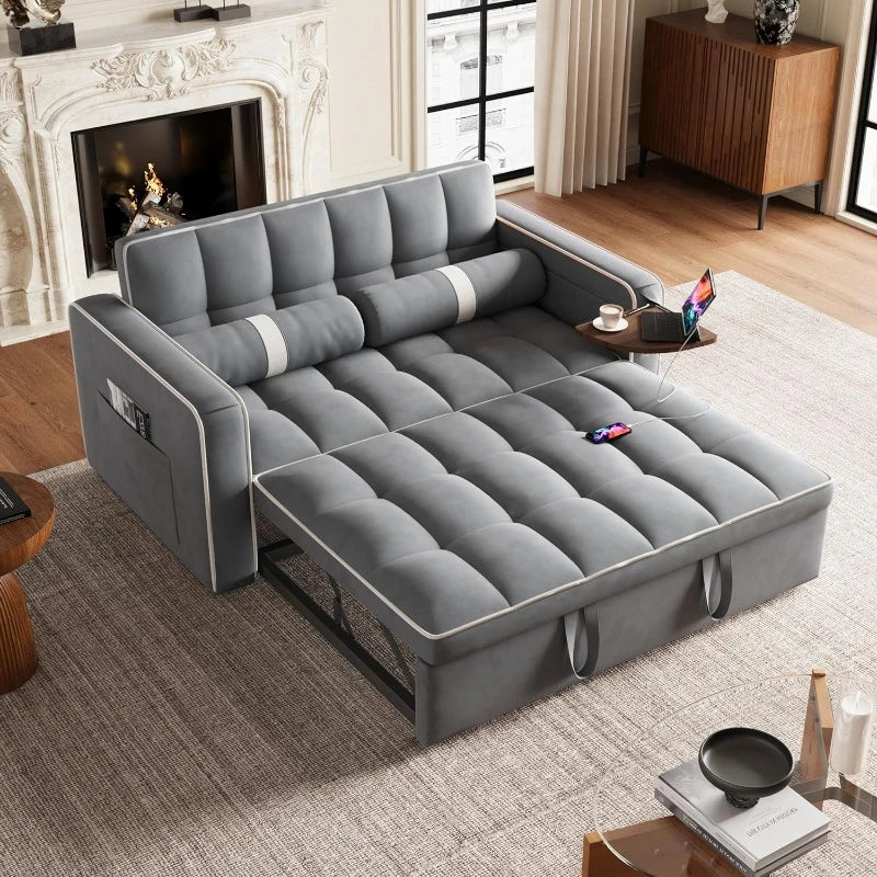 3 in 1 Sleeper Sofa Bed - Convertible Love Seat Couch with Side Table, Tufted Futon Sofa w/Pullout Bed, Adjustable Backrest