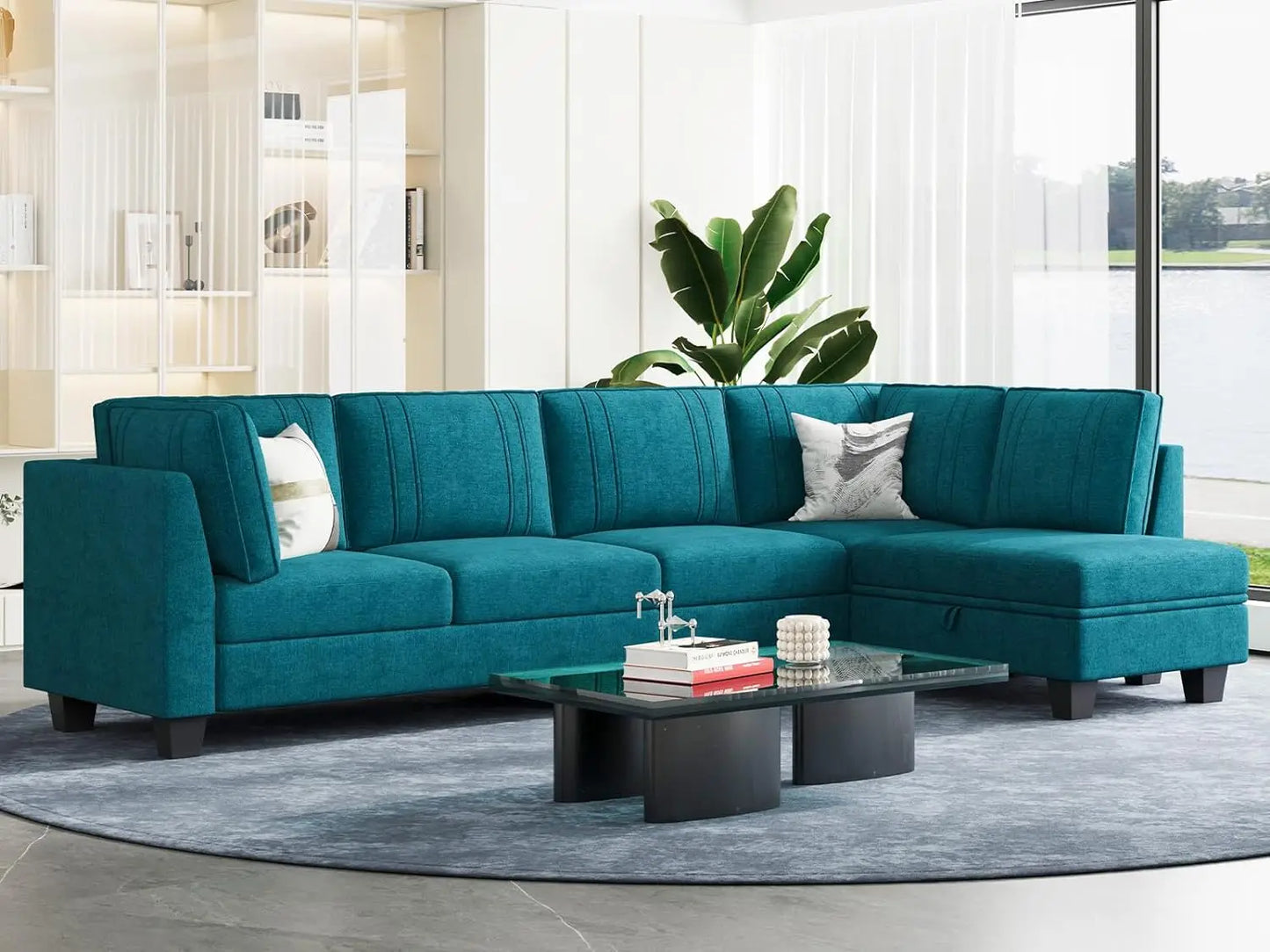 L Shaped Sofa Velvet Reversible Sectional Sofa with Storage Ottoman Convertible Cream L-Shaped Sofa Set