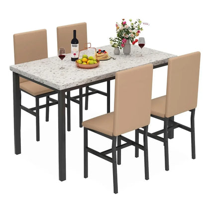 New Dining Table Set for 4 with 4 PU Leather Chairs,5-Piece Marble DiningTable Set with 4 Velvet Metal Frame Chairs for Kitchen