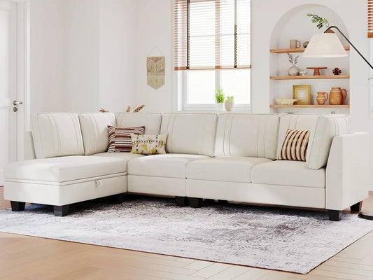 L Shaped Sofa Velvet Reversible Sectional Sofa with Storage Ottoman Convertible Cream L-Shaped Sofa Set