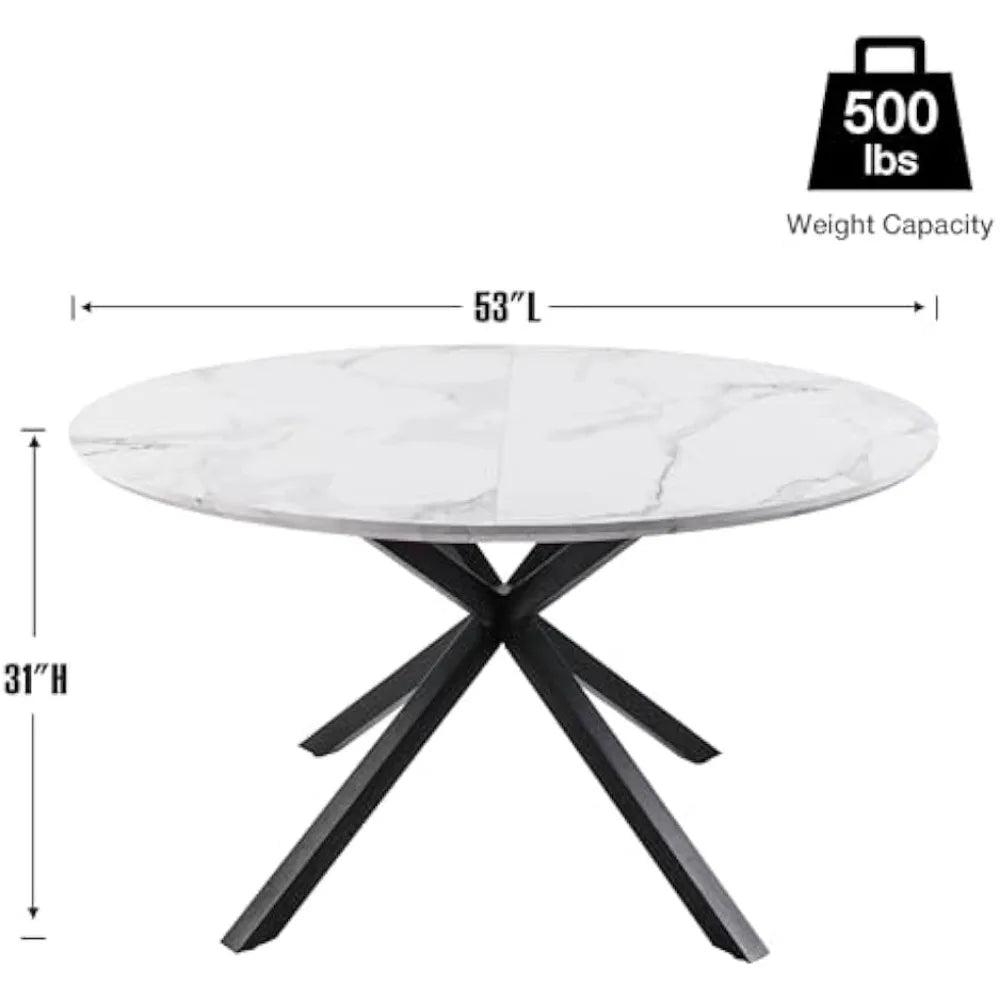 53” White Round Dining Table Pedestal Wood Mid Century Modern Farmhouse,Kitchen Table Faux Marble Dining Room Table